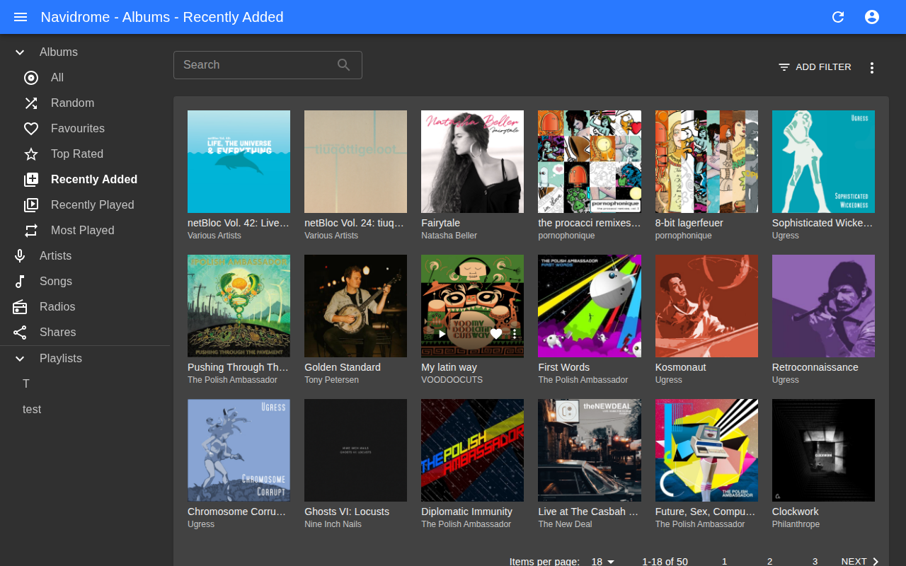 Navidrome web interface showing the album grid with cover art and music library navigation